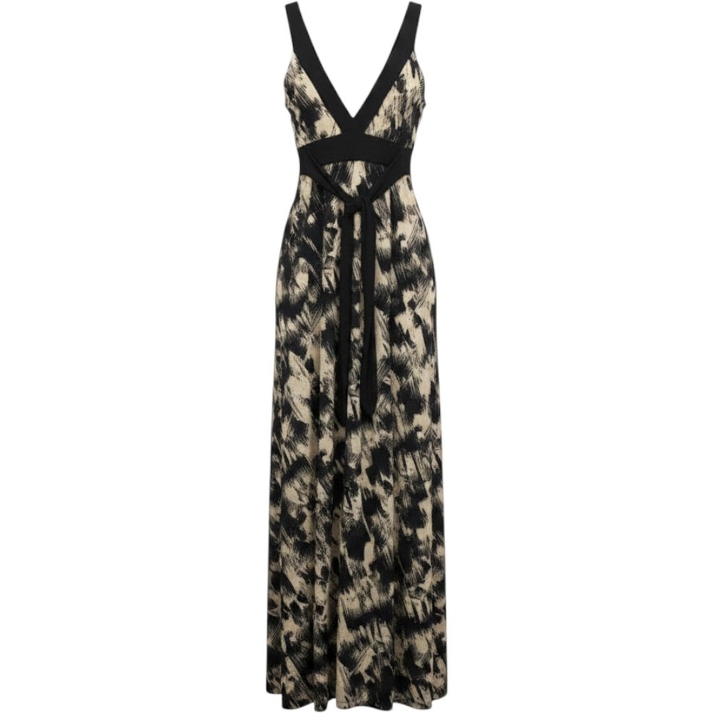 Twenty One Halter Maxi Dress S Black Cream Abstract Print Empire Waist Vacation